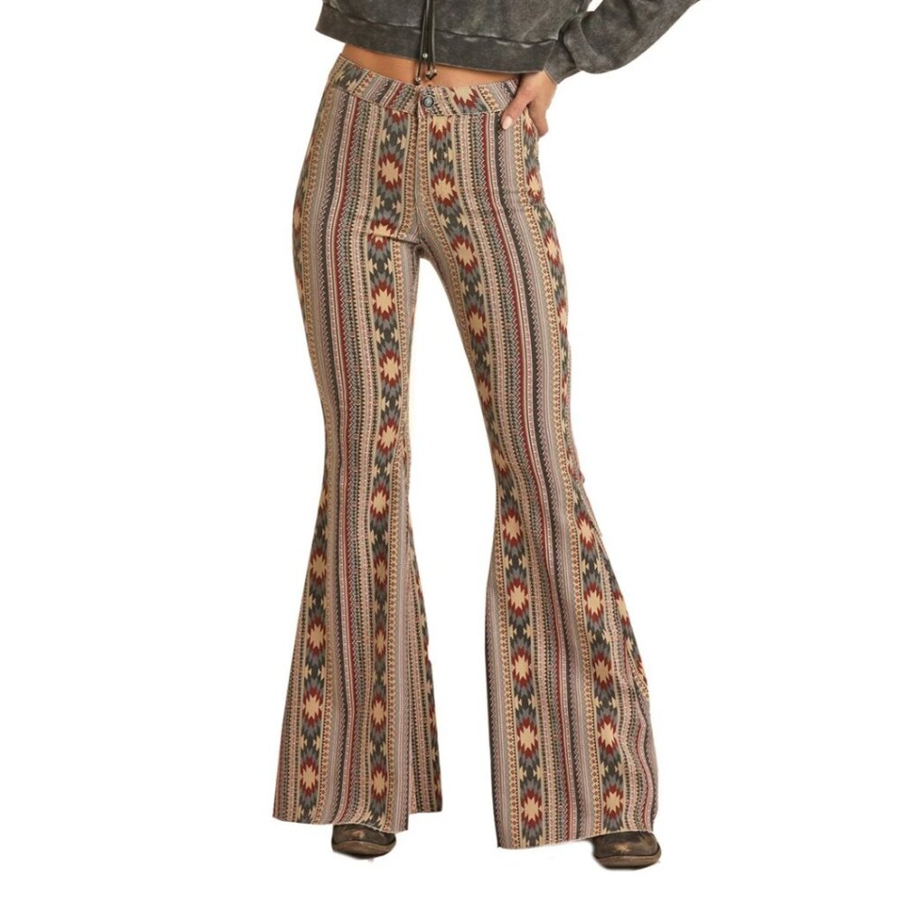 Rock & Roll Denim Aztec Bell Bottom High Rise Jeans Western Boho Cowgirl Flare
